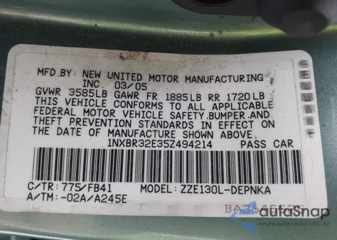 2005 Toyota Corolla Le from USA, damaged, VIN 1NXBR32E35Z494214